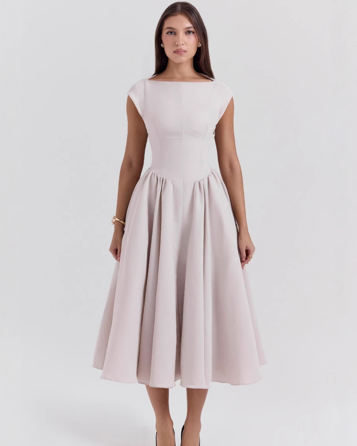 High Boat Neck Basque Waist Midi Dress