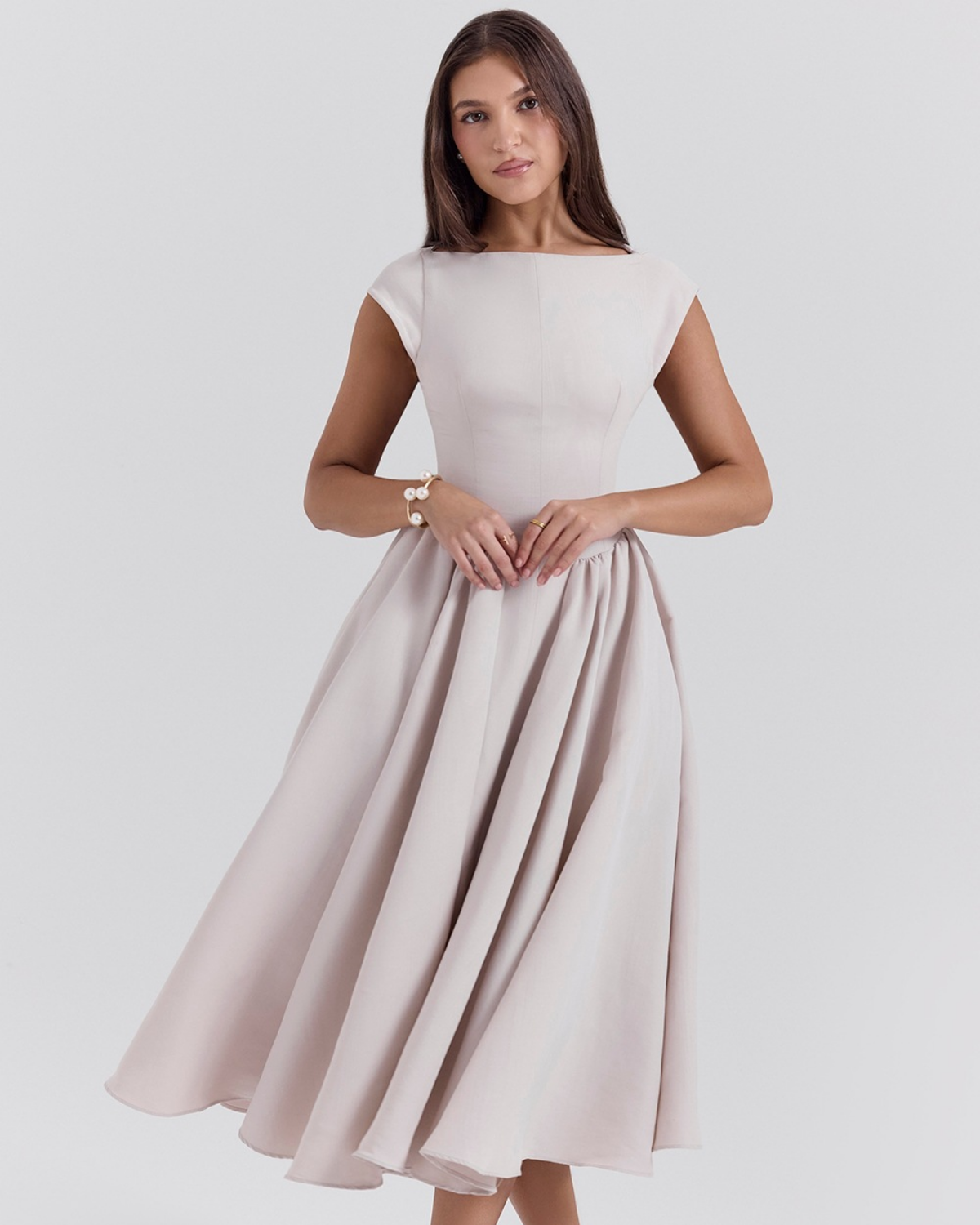 High Boat Neck Basque Waist Midi Dress