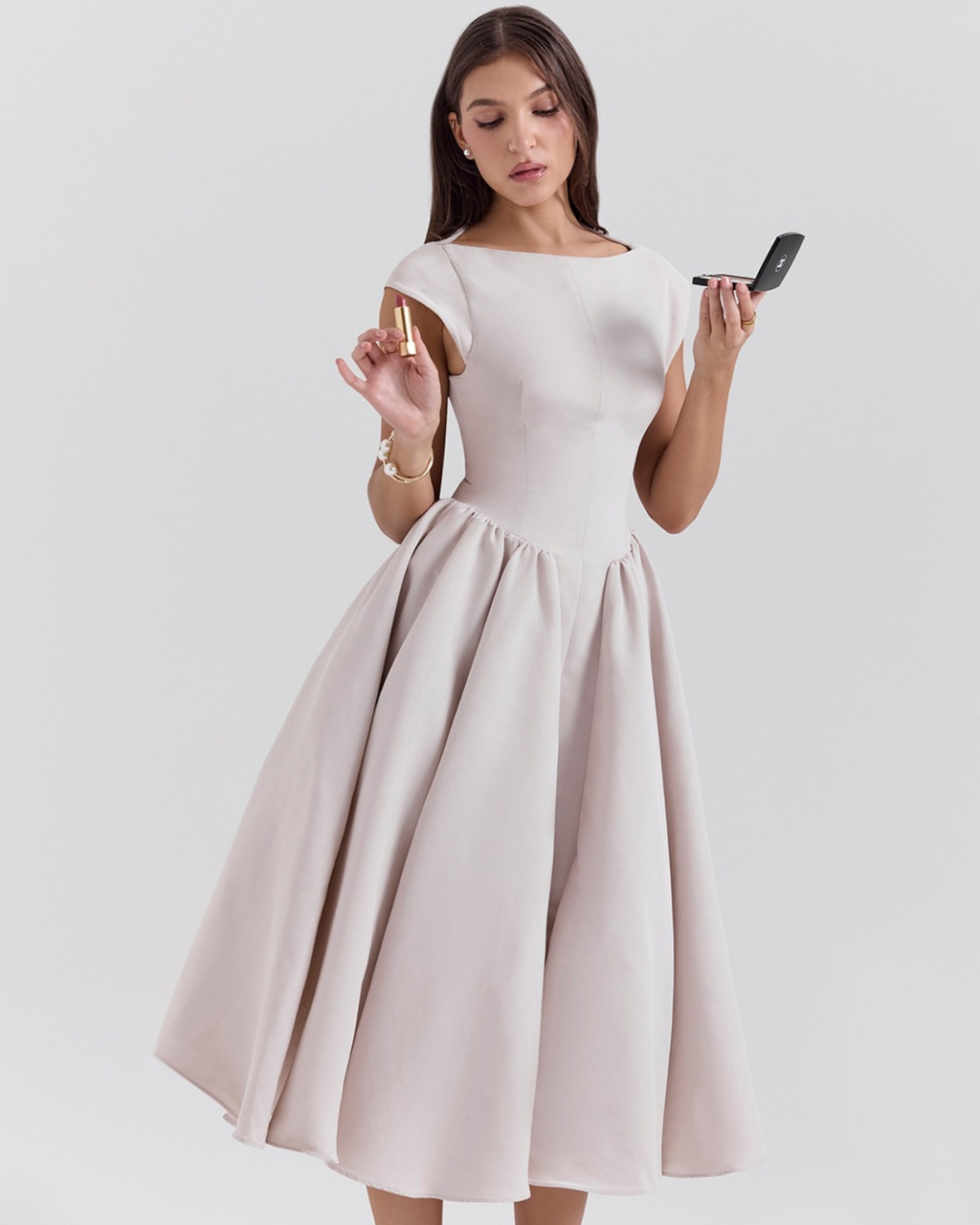 High Boat Neck Basque Waist Midi Dress
