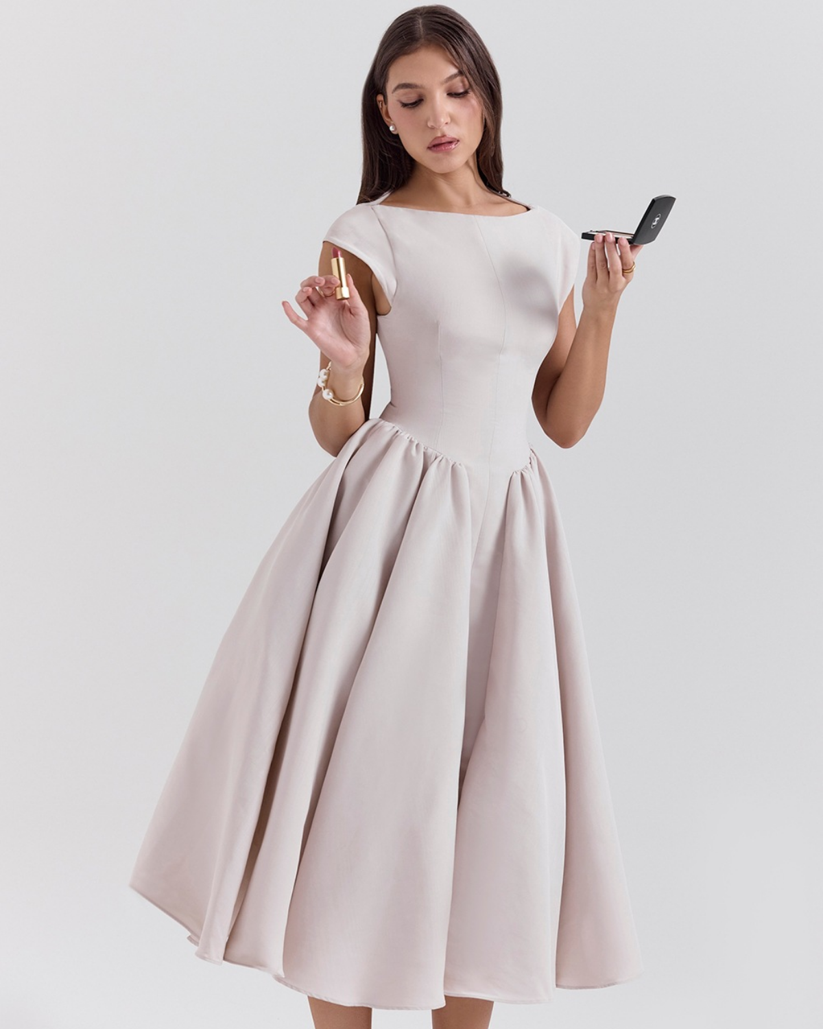 High Boat Neck Basque Waist Midi Dress