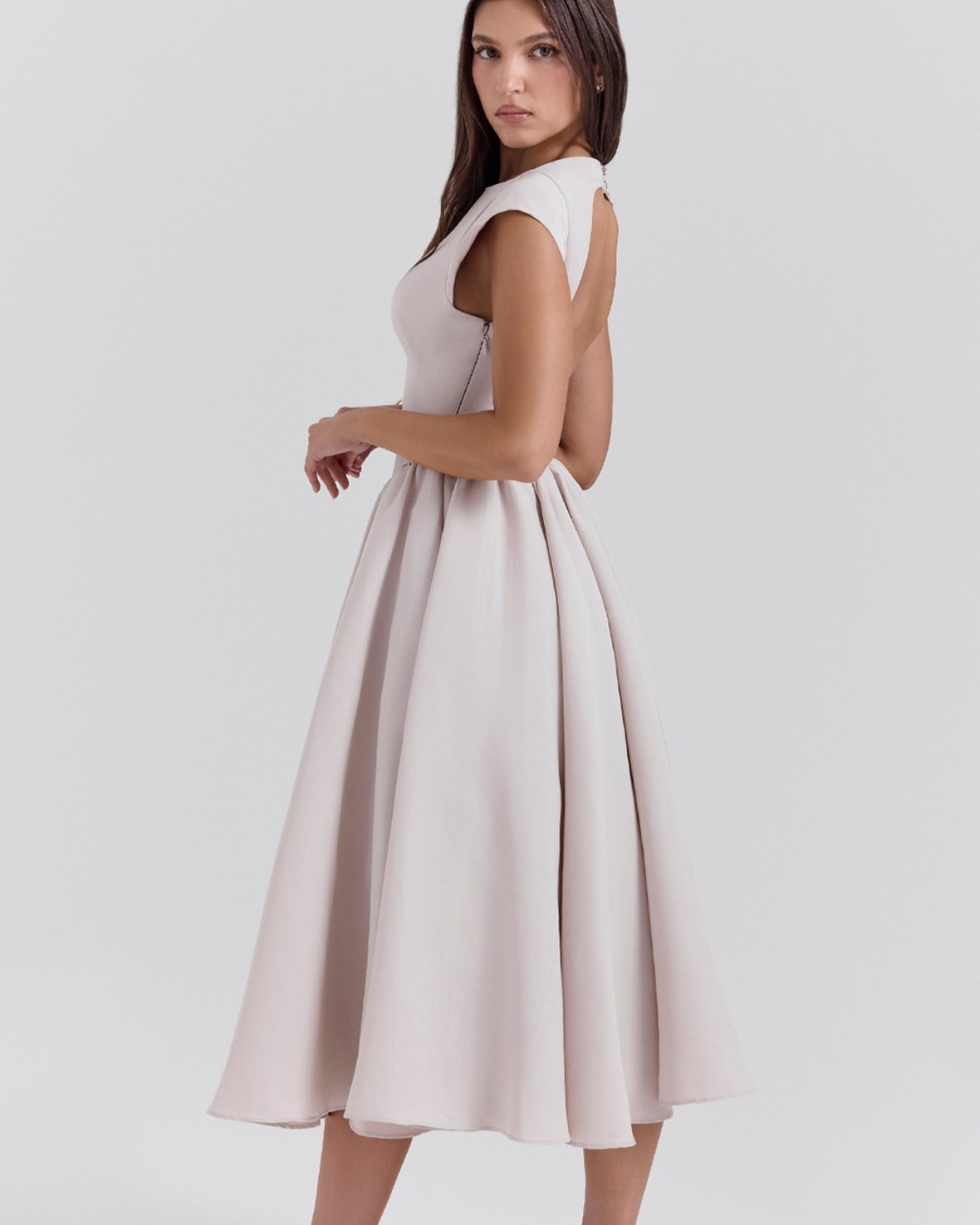 High Boat Neck Basque Waist Midi Dress