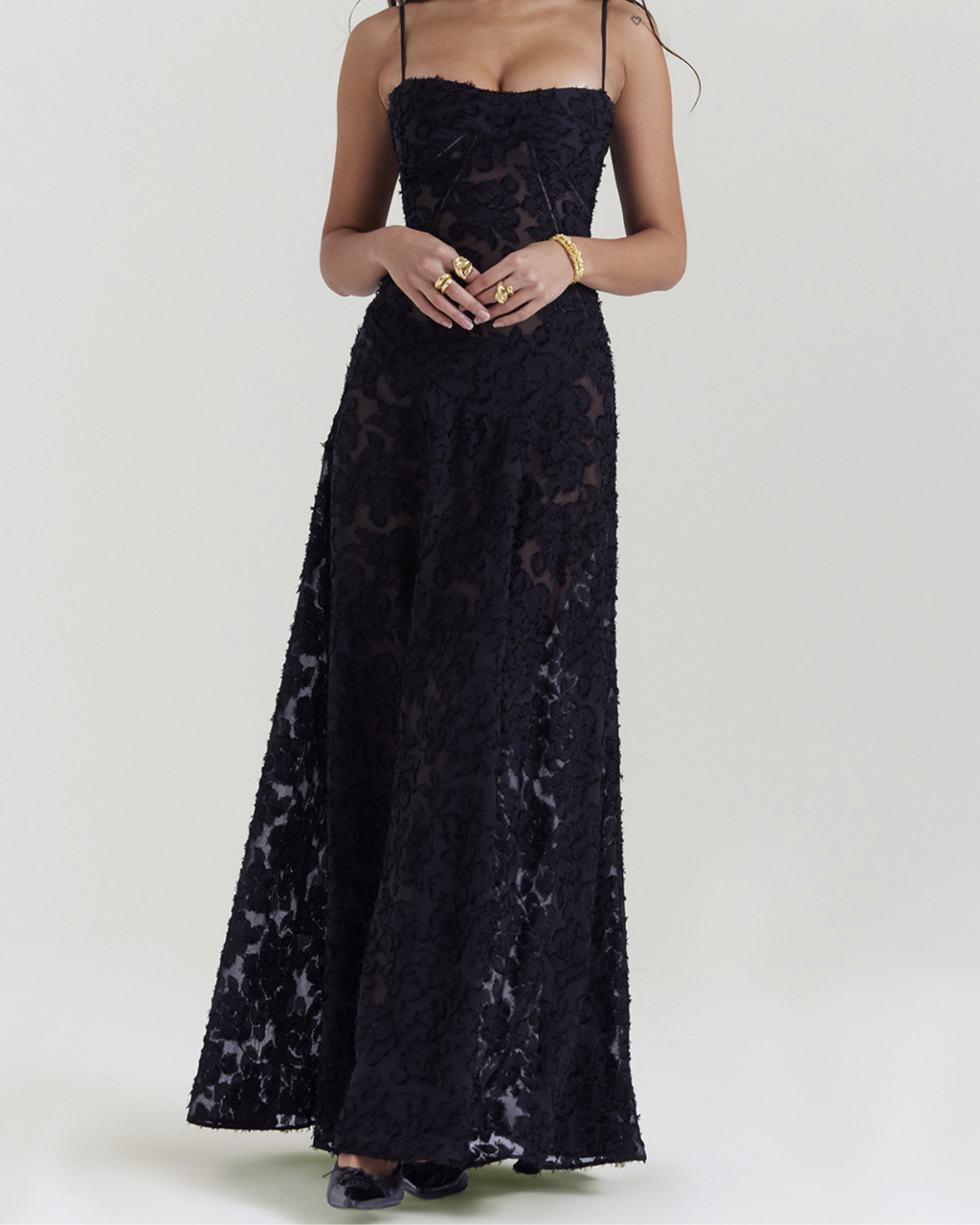 Romantic Floral Devoré Corset-Back Maxi Dress