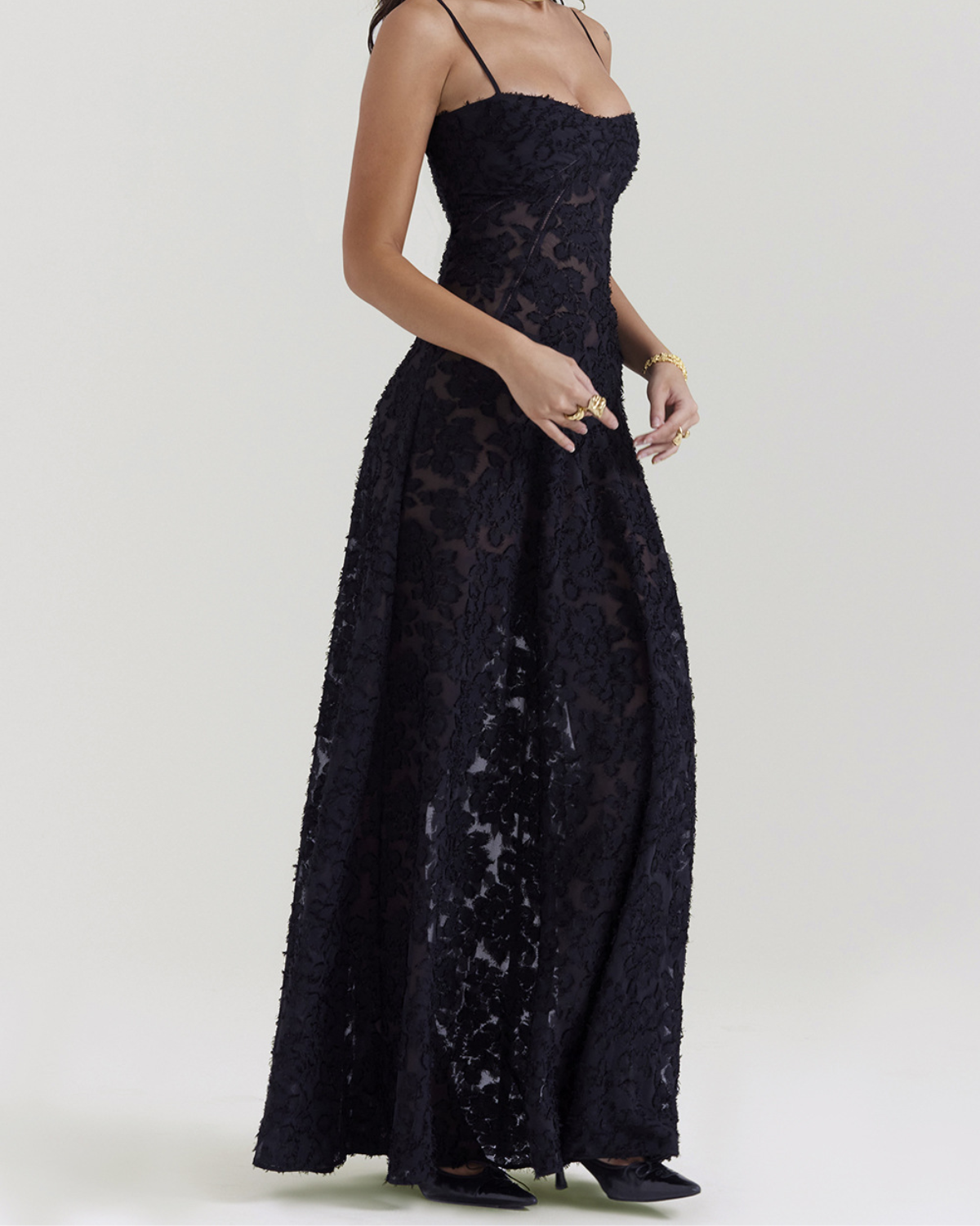 Romantic Floral Devoré Corset-Back Maxi Dress