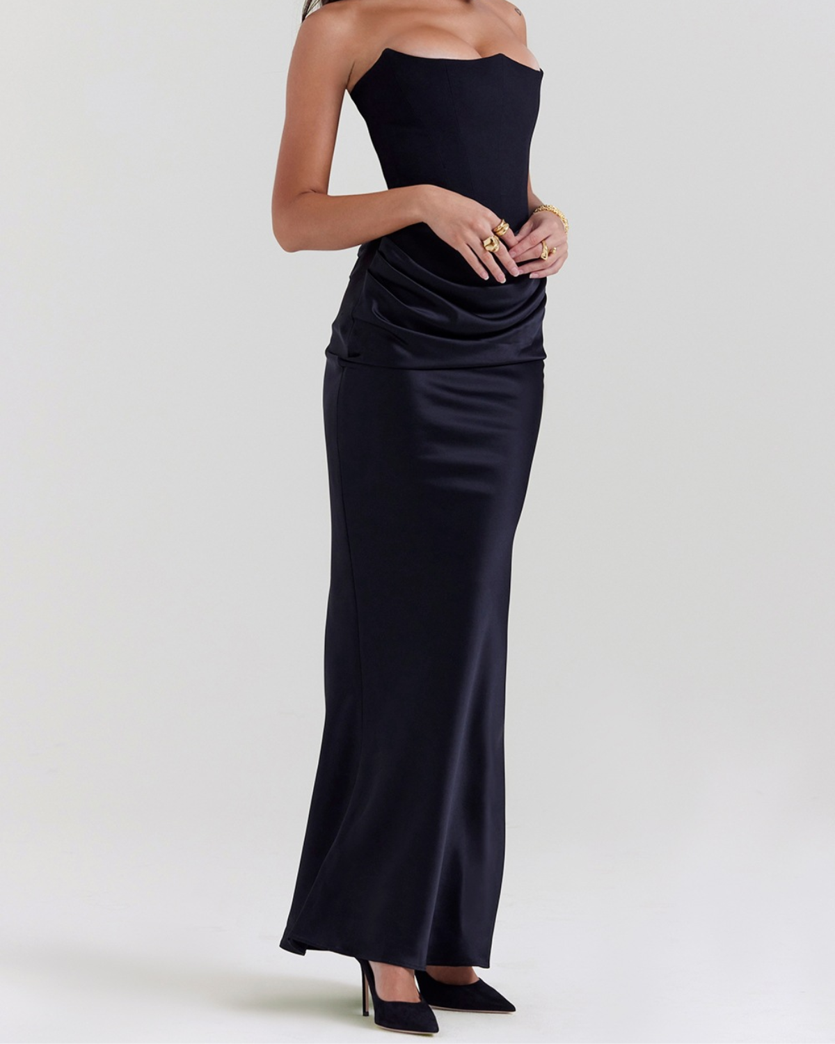 Elegant Satin Corset Draped Maxi Dress