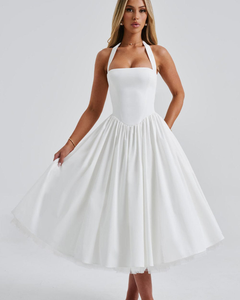 Halter Neck Corset Midi Dress with Tulle Underlay