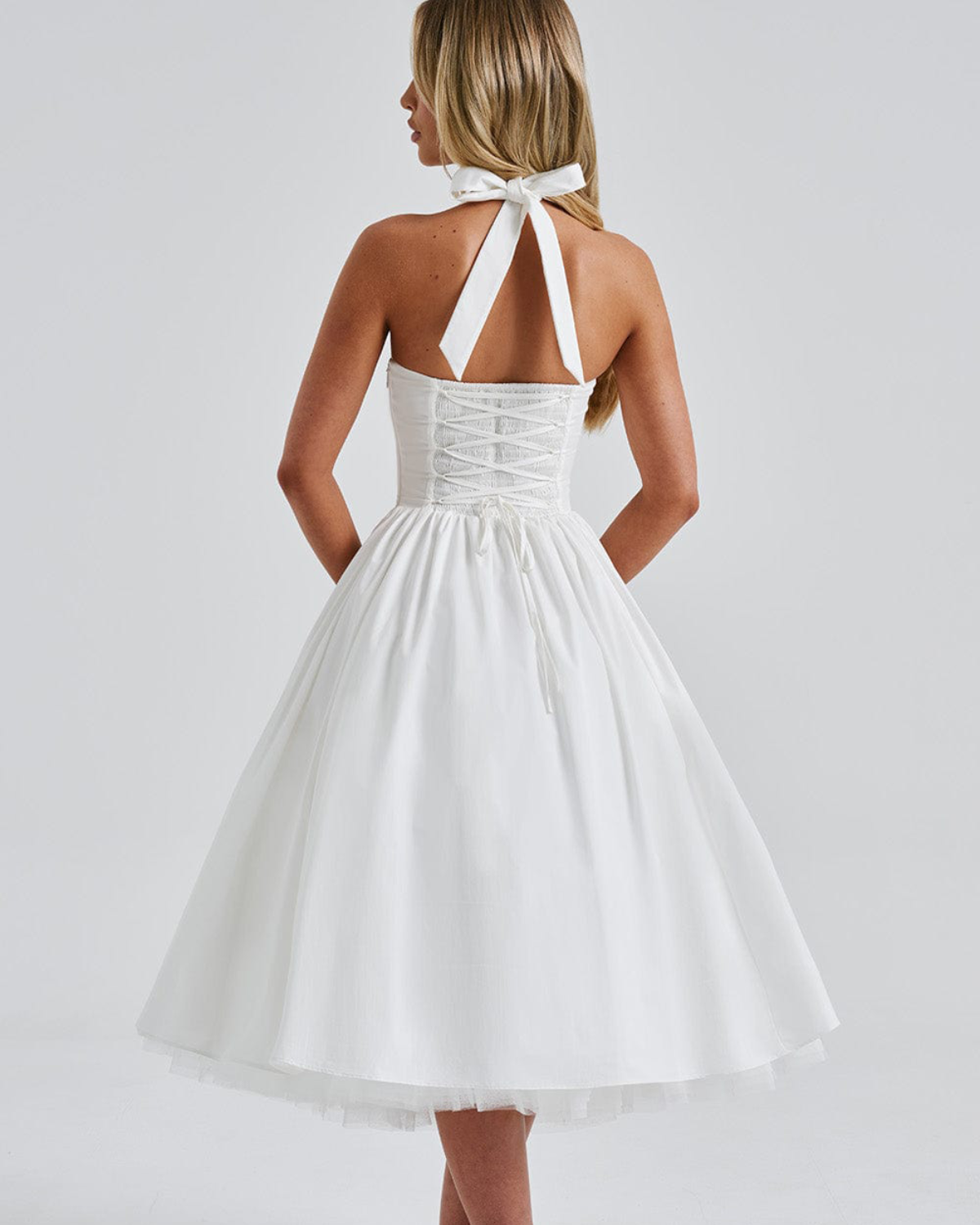 Halter Neck Corset Midi Dress with Tulle Underlay