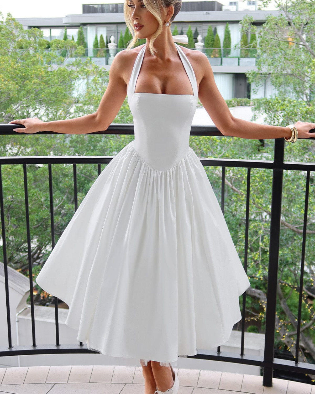 Halter Neck Corset Midi Dress with Tulle Underlay