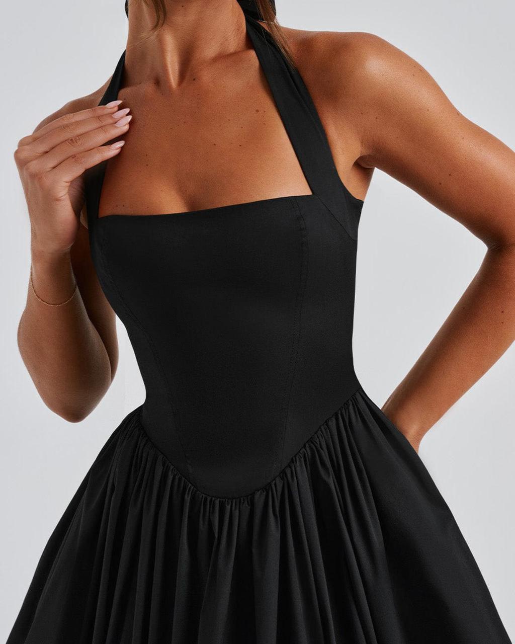 Halter Neck Corset Midi Dress with Tulle Underlay