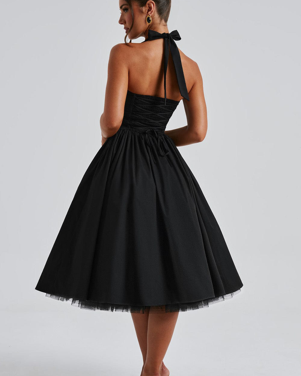 Halter Neck Corset Midi Dress with Tulle Underlay