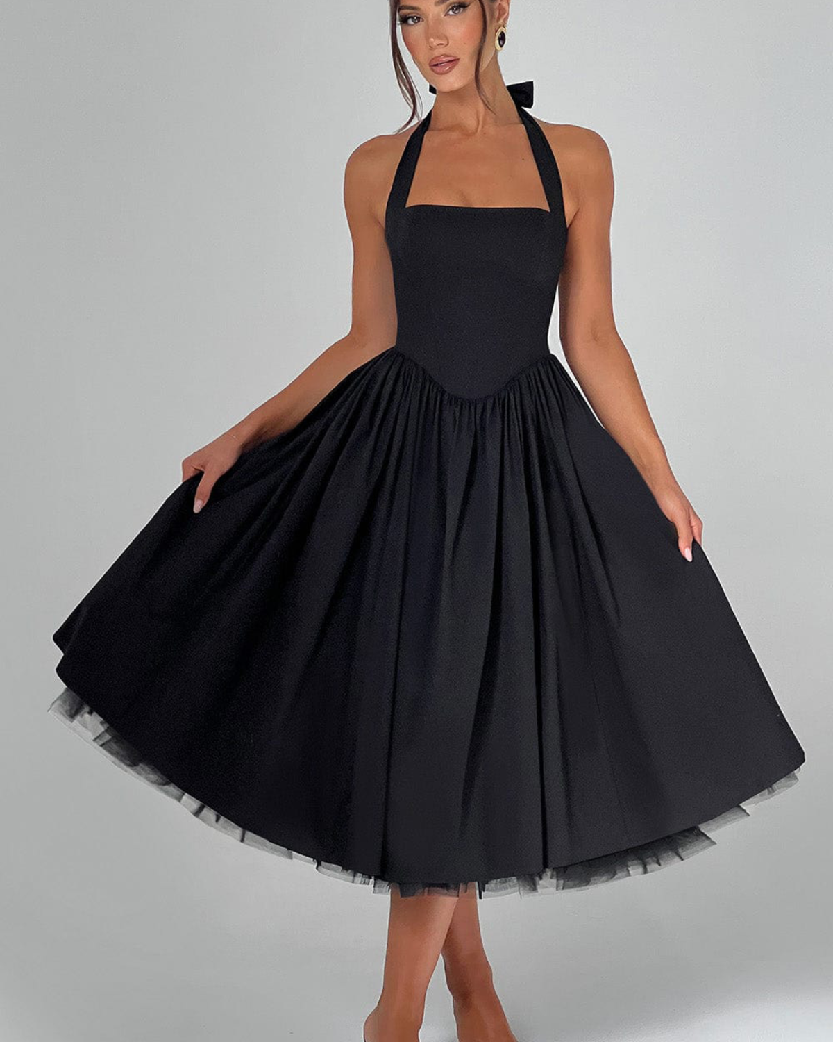 Halter Neck Corset Midi Dress with Tulle Underlay