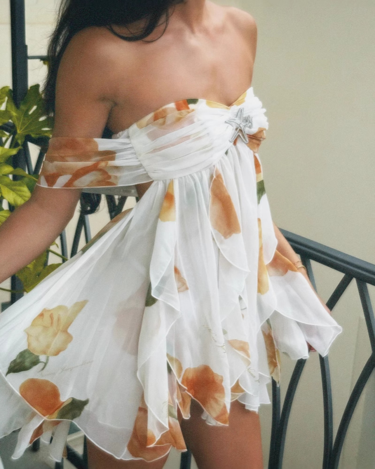 Romantic Floral Ruffle Chiffon Starfish Mini Dress