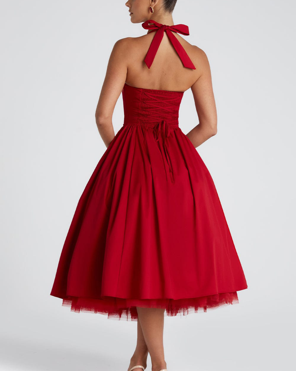 Halter Neck Corset Midi Dress with Tulle Underlay