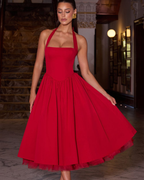 Halter Neck Corset Midi Dress with Tulle Underlay