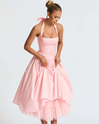 Halter Neck Corset Midi Dress with Tulle Underlay