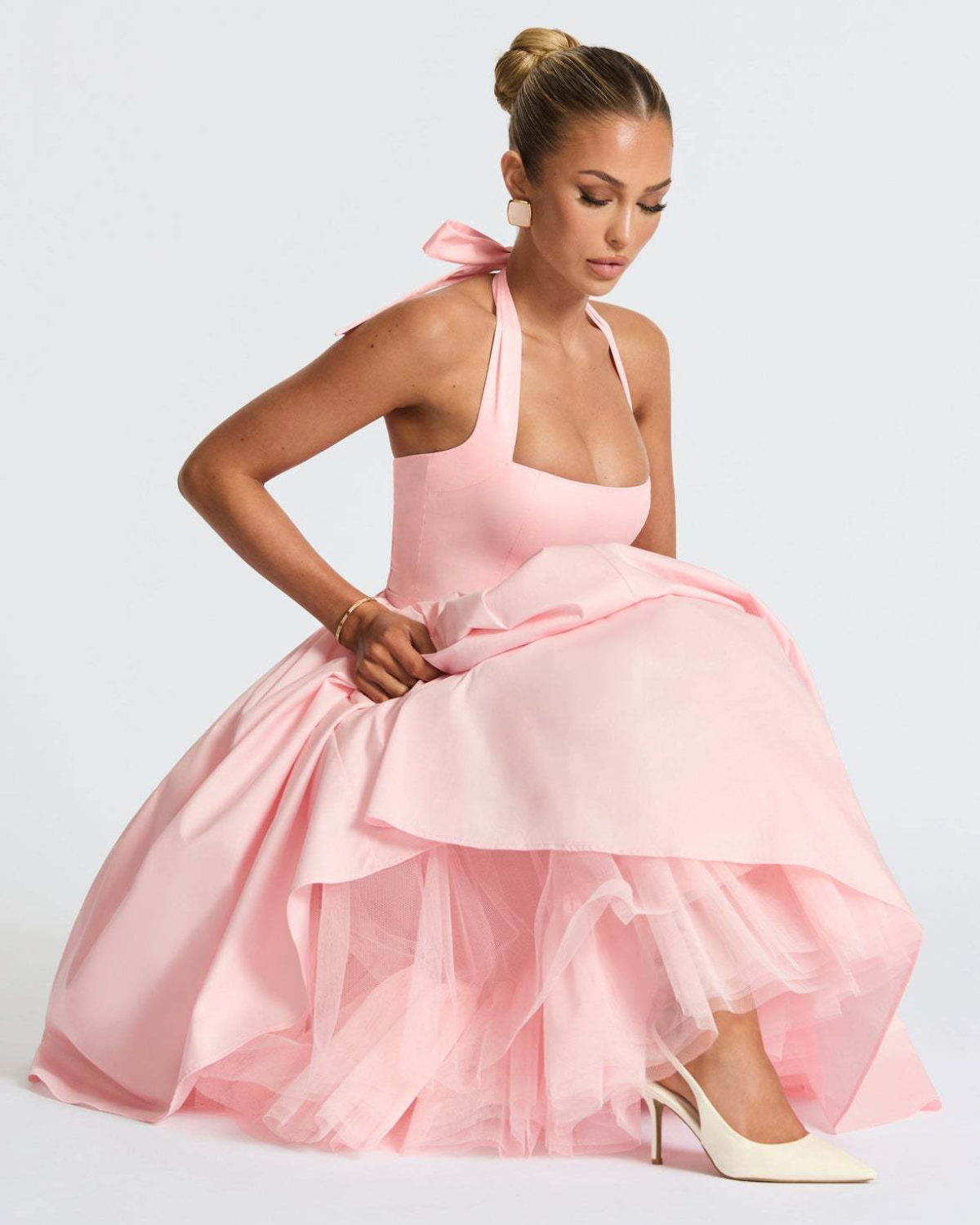 Halter Neck Corset Midi Dress with Tulle Underlay