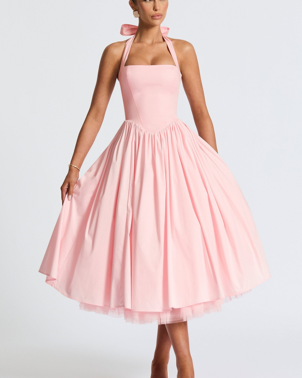 Halter Neck Corset Midi Dress with Tulle Underlay