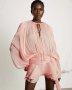 Plissé Balloon Sleeve Tie-Neck Mini Dress