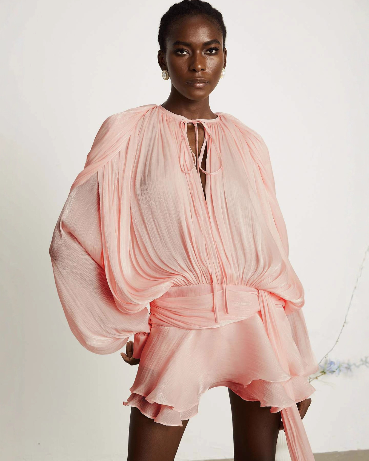 Plissé Balloon Sleeve Tie-Neck Mini Dress