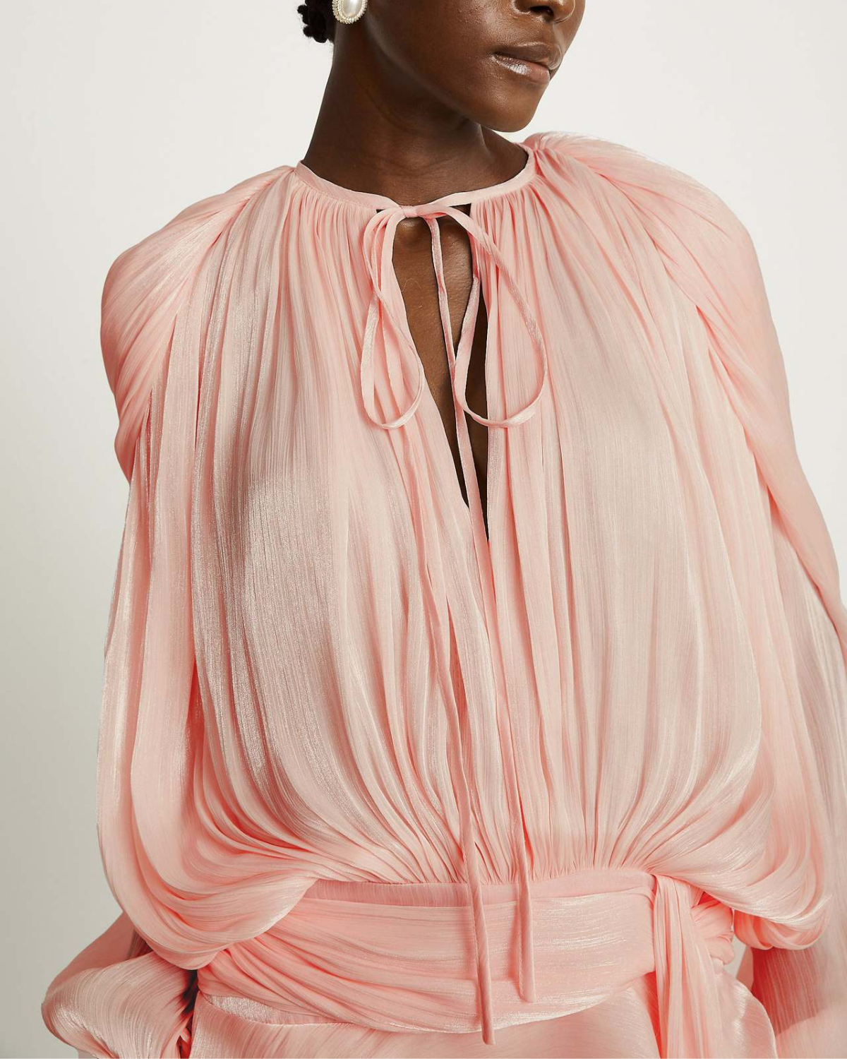 Plissé Balloon Sleeve Tie-Neck Mini Dress