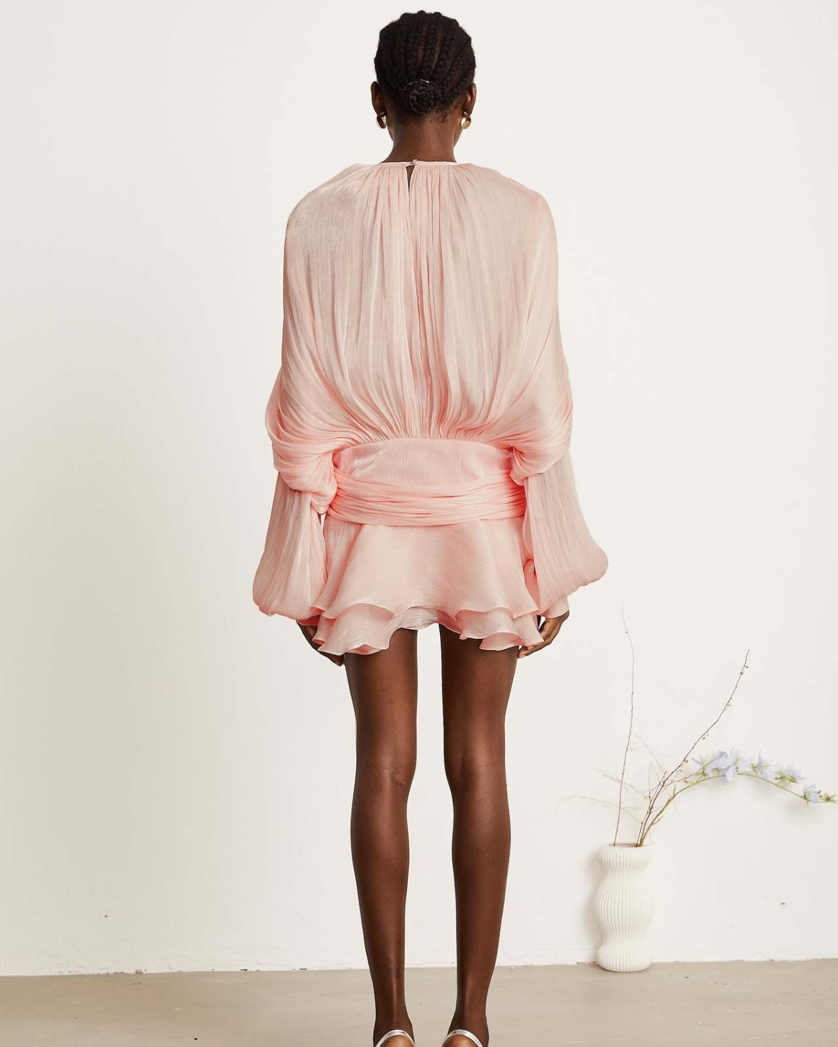 Plissé Balloon Sleeve Tie-Neck Mini Dress