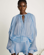 Plissé Balloon Sleeve Tie-Neck Mini Dress