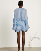 Plissé Balloon Sleeve Tie-Neck Mini Dress