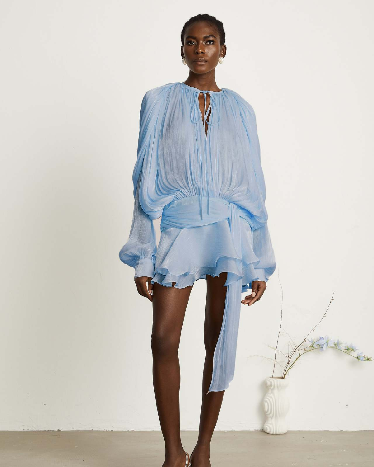 Plissé Balloon Sleeve Tie-Neck Mini Dress