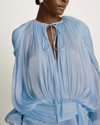 Plissé Balloon Sleeve Tie-Neck Mini Dress