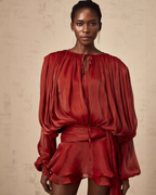 Plissé Balloon Sleeve Tie-Neck Mini Dress