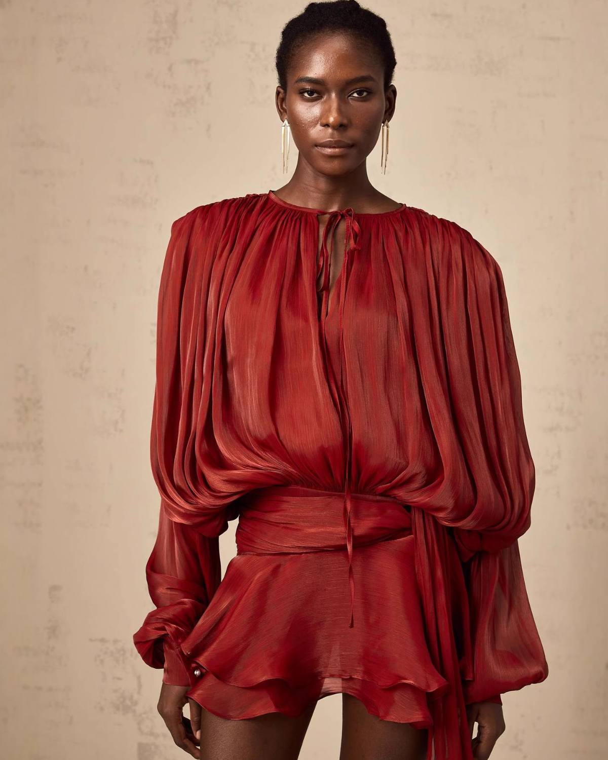 Plissé Balloon Sleeve Tie-Neck Mini Dress