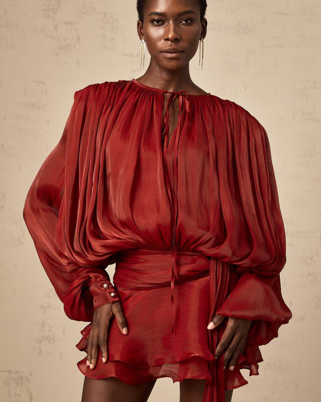 Plissé Balloon Sleeve Tie-Neck Mini Dress