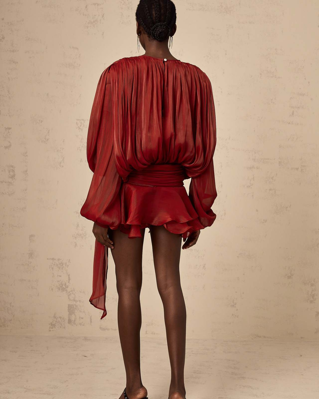 Plissé Balloon Sleeve Tie-Neck Mini Dress