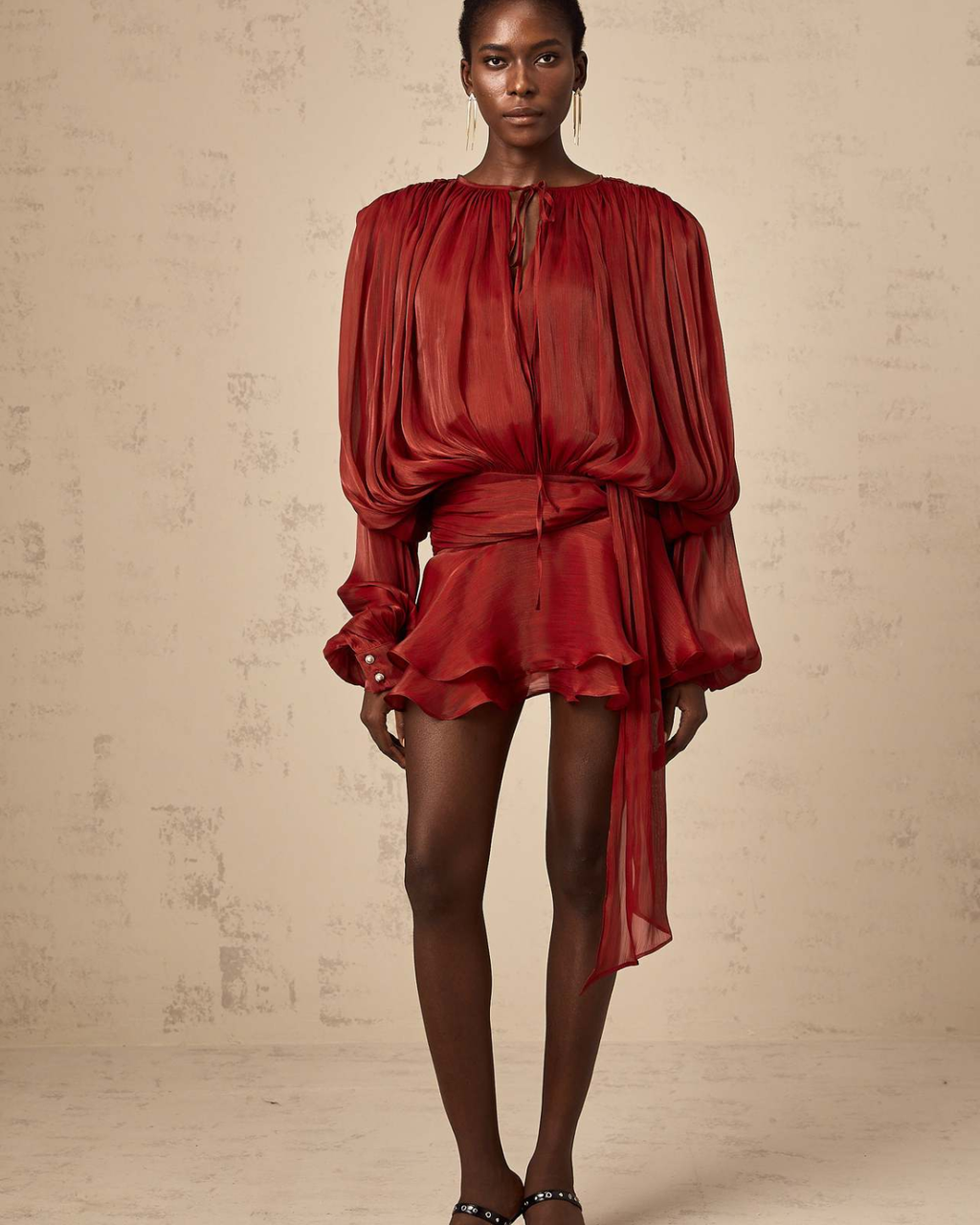 Plissé Balloon Sleeve Tie-Neck Mini Dress