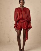 Plissé Balloon Sleeve Tie-Neck Mini Dress