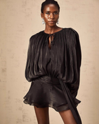 Plissé Balloon Sleeve Tie-Neck Mini Dress