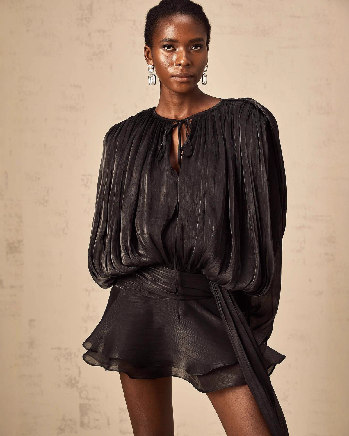 Plissé Balloon Sleeve Tie-Neck Mini Dress