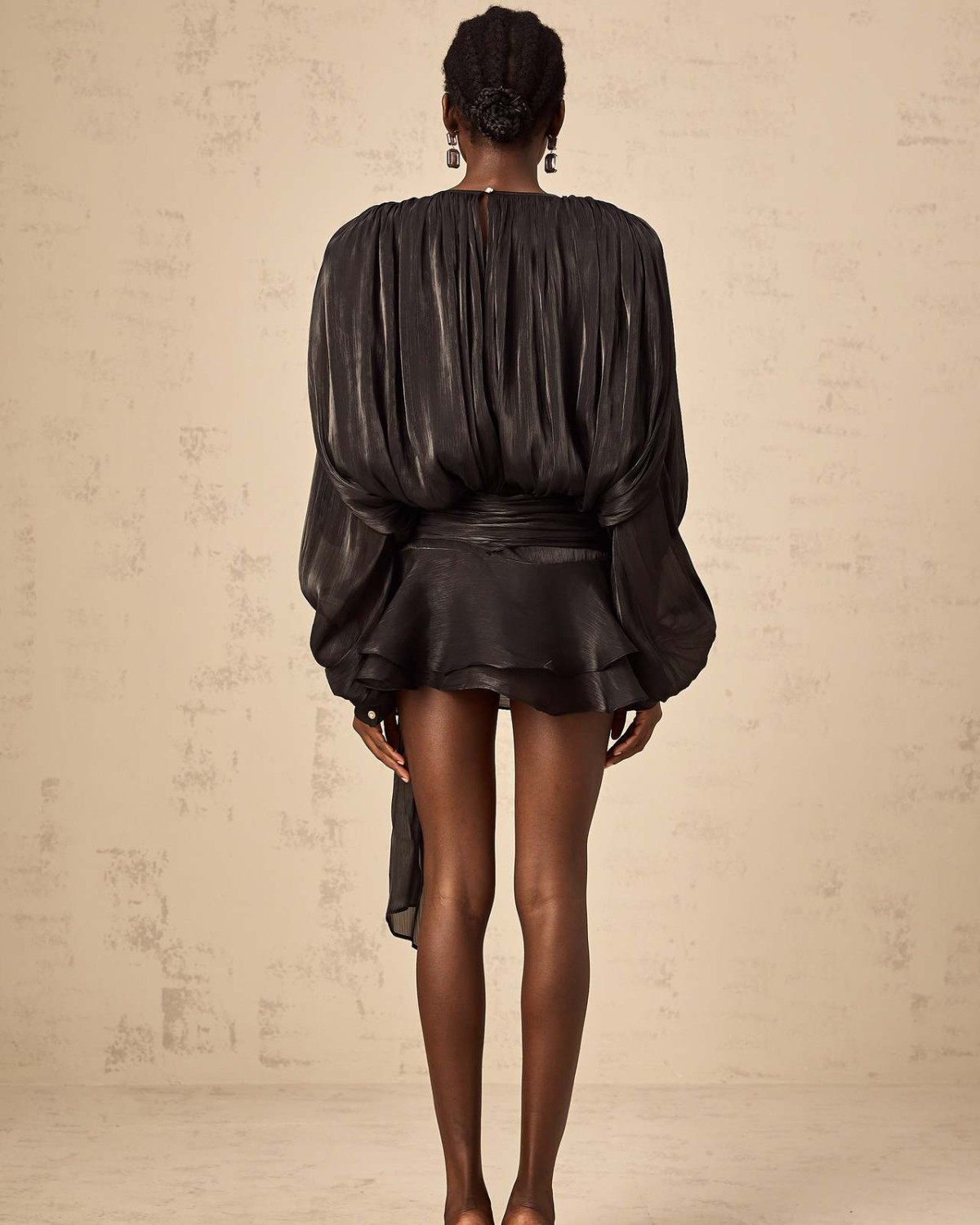 Plissé Balloon Sleeve Tie-Neck Mini Dress