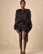 Plissé Balloon Sleeve Tie-Neck Mini Dress