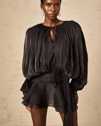 Plissé Balloon Sleeve Tie-Neck Mini Dress