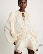 Plissé Balloon Sleeve Tie-Neck Mini Dress