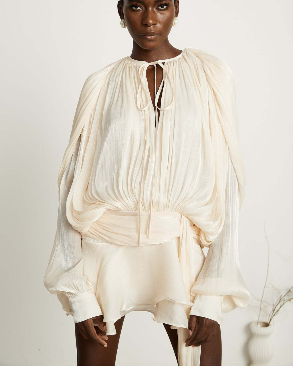 Plissé Balloon Sleeve Tie-Neck Mini Dress