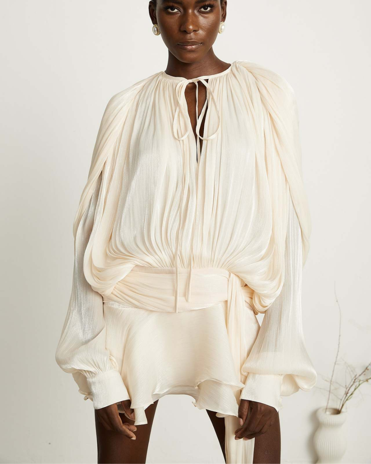 Plissé Balloon Sleeve Tie-Neck Mini Dress