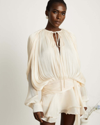 Plissé Balloon Sleeve Tie-Neck Mini Dress