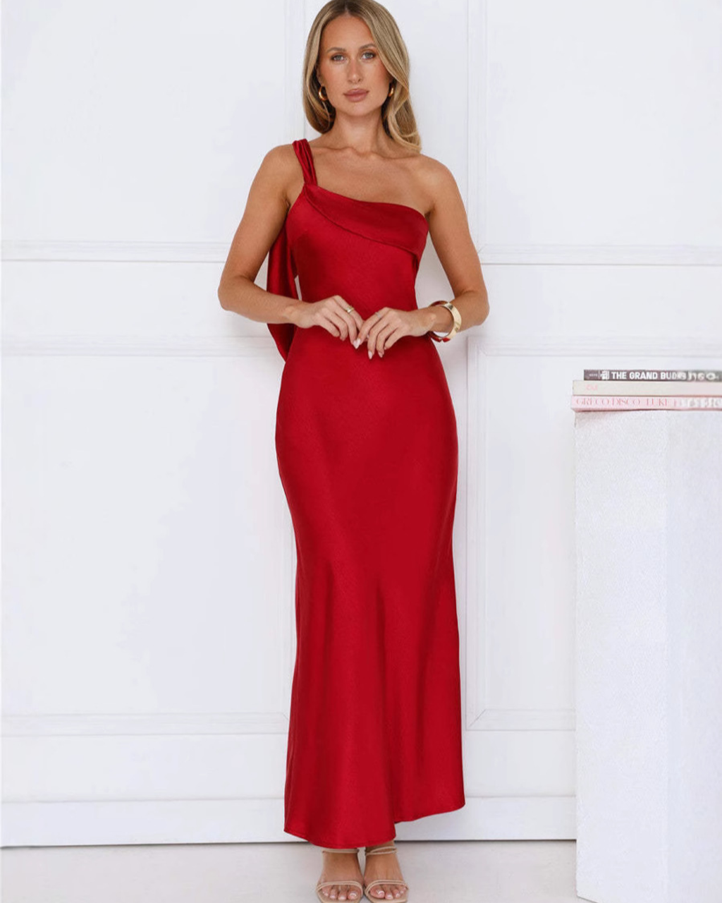 Asymmetric Draped One-Shoulder Satin Maxi Dress