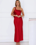 Asymmetric Draped One-Shoulder Satin Maxi Dress