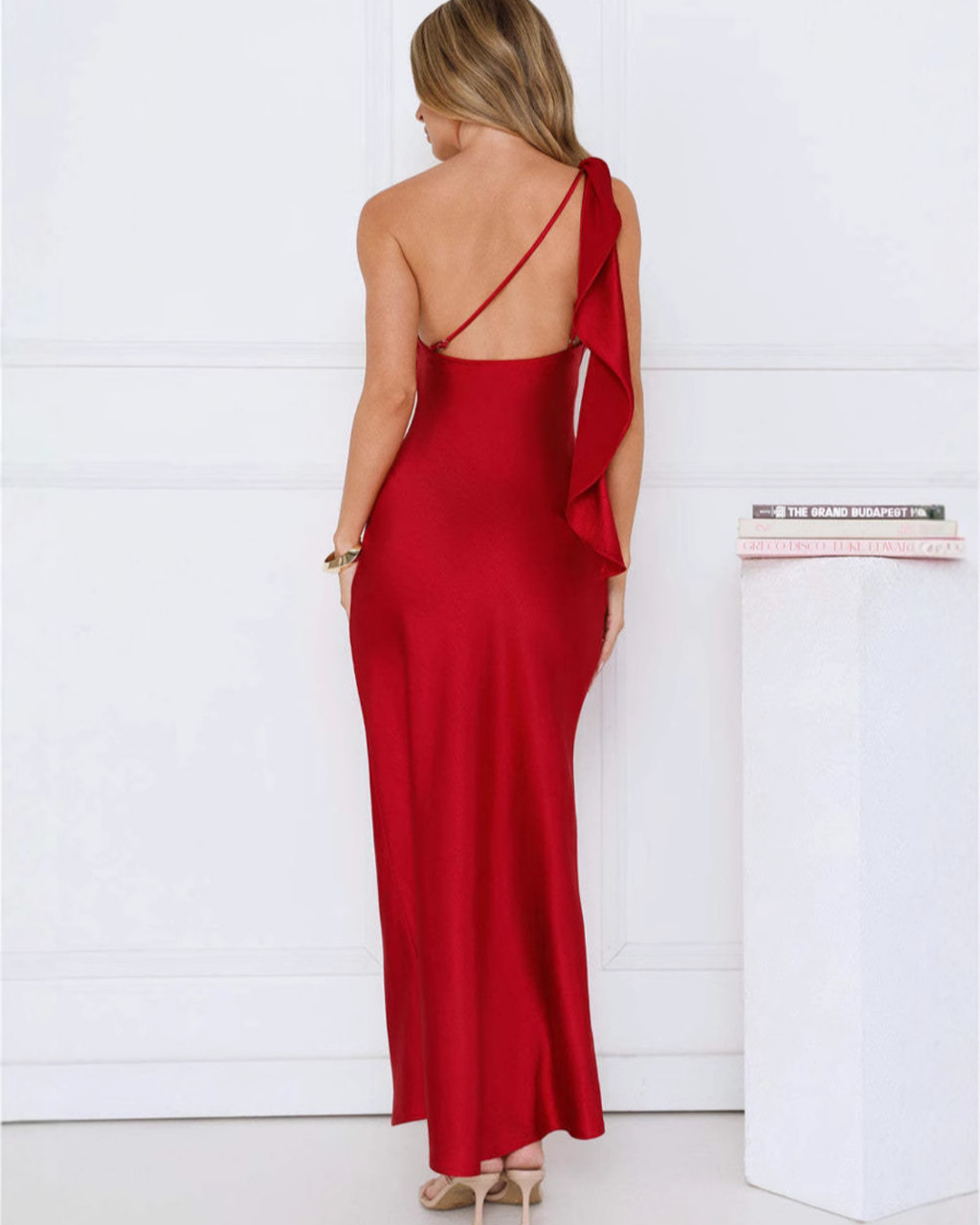 Asymmetric Draped One-Shoulder Satin Maxi Dress