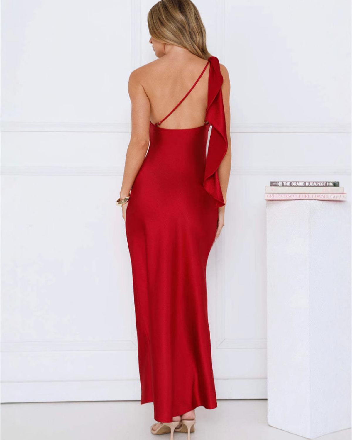 Asymmetric Draped One-Shoulder Satin Maxi Dress
