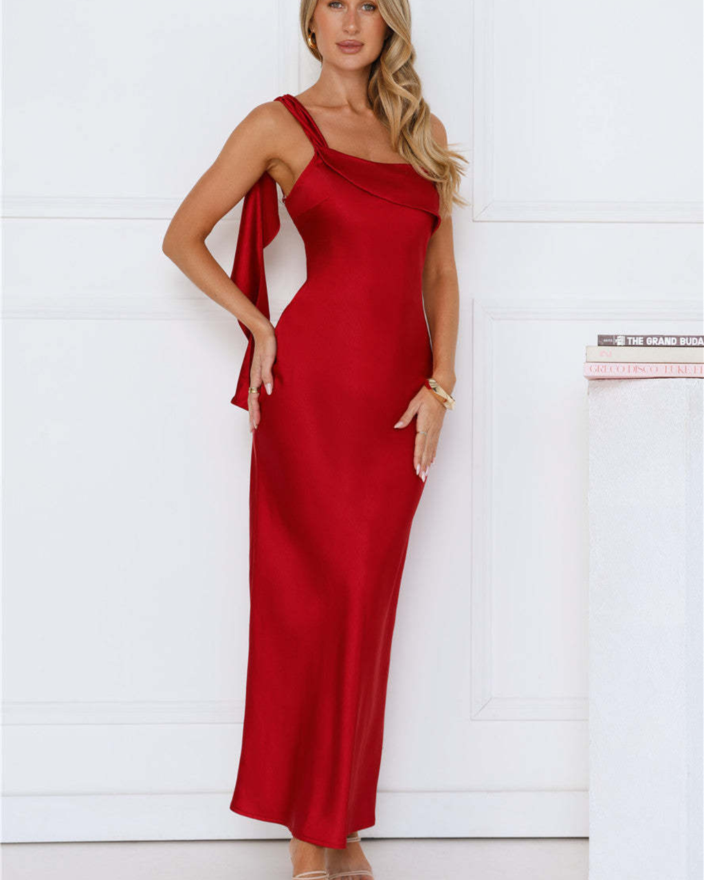 Asymmetric Draped One-Shoulder Satin Maxi Dress