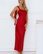 Asymmetric Draped One-Shoulder Satin Maxi Dress
