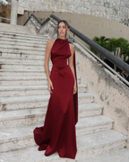 Burgundy Satin High-Neck Scarf Detail Maxi Dress